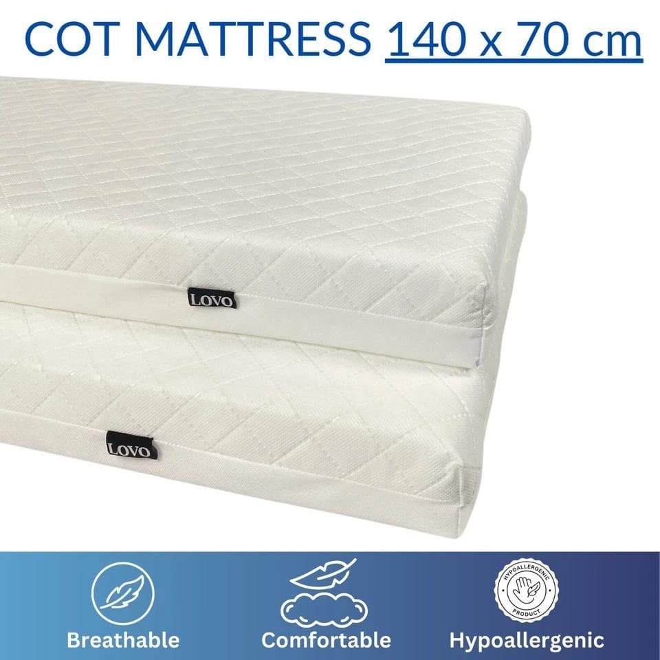 Image of Cot bed mattress, hypoallergenic breathable quilted cover 120x60cm, 140x70cm || ""}